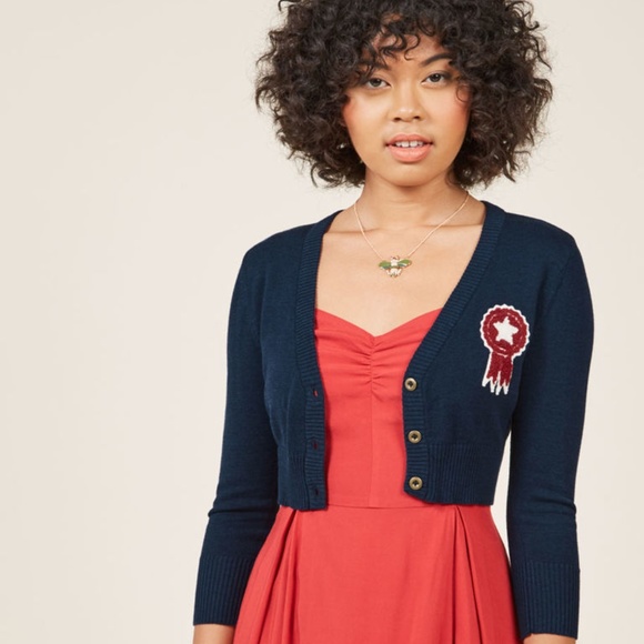 Modcloth Sweaters - Modcloth Cropped Cardigan With Ribbon Patch Navy